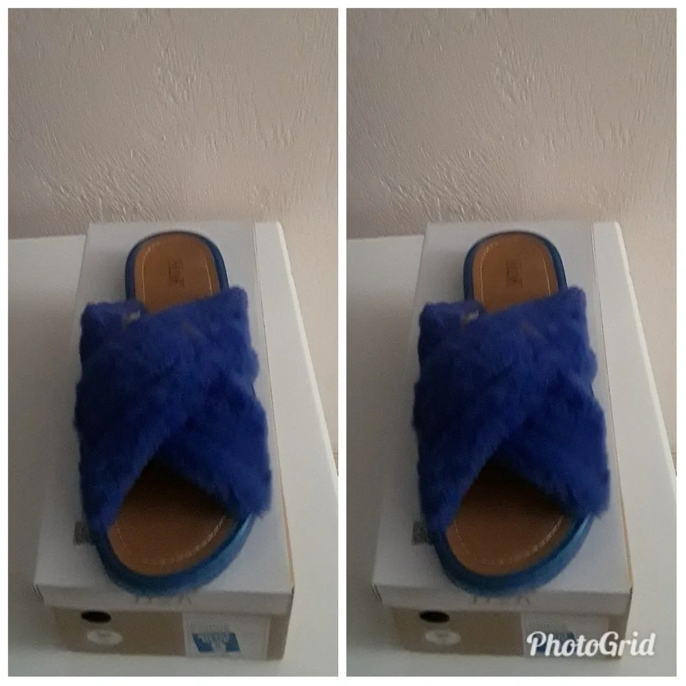New Fur Slide Sandals Royal Blue Blush Low Wedge Size 7 and 8